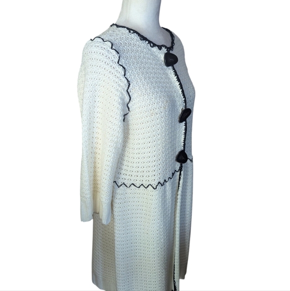 Y2K Cream Cardigan Knit Long Duster Bohemian Black Trim Funky Large Buttons Sz L - Picture 2 of 11